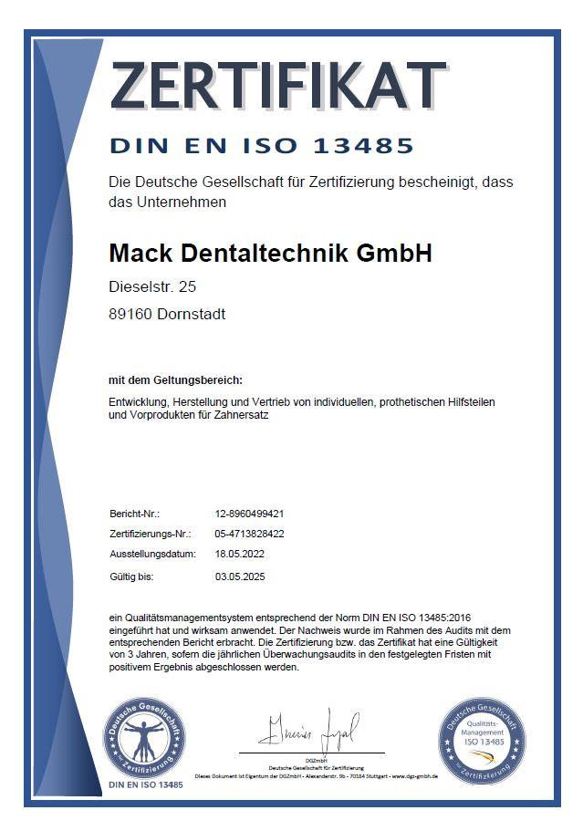 Zertifikat Mack Dentaltechnick Din ISO 9001